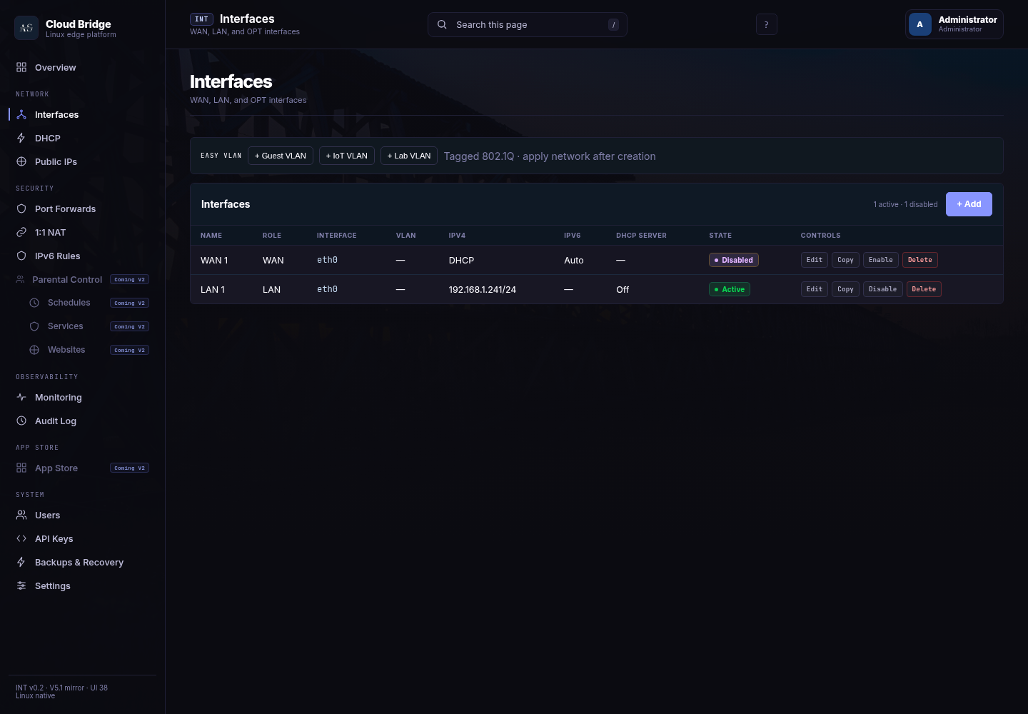 Cloud Bridge interfaces and VLAN controls