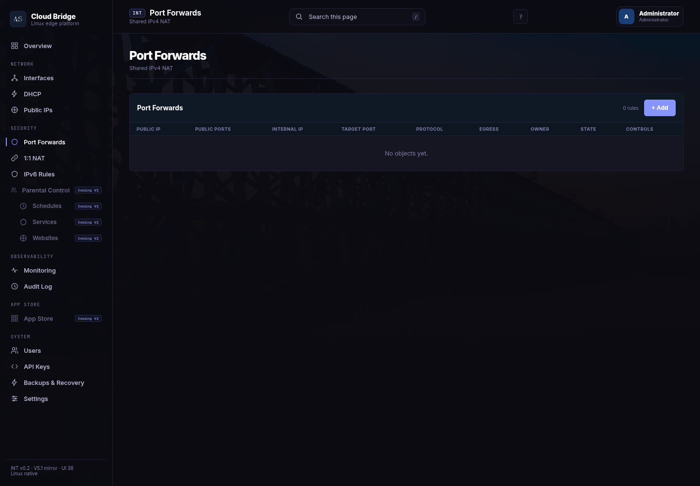Cloud Bridge port forwards page